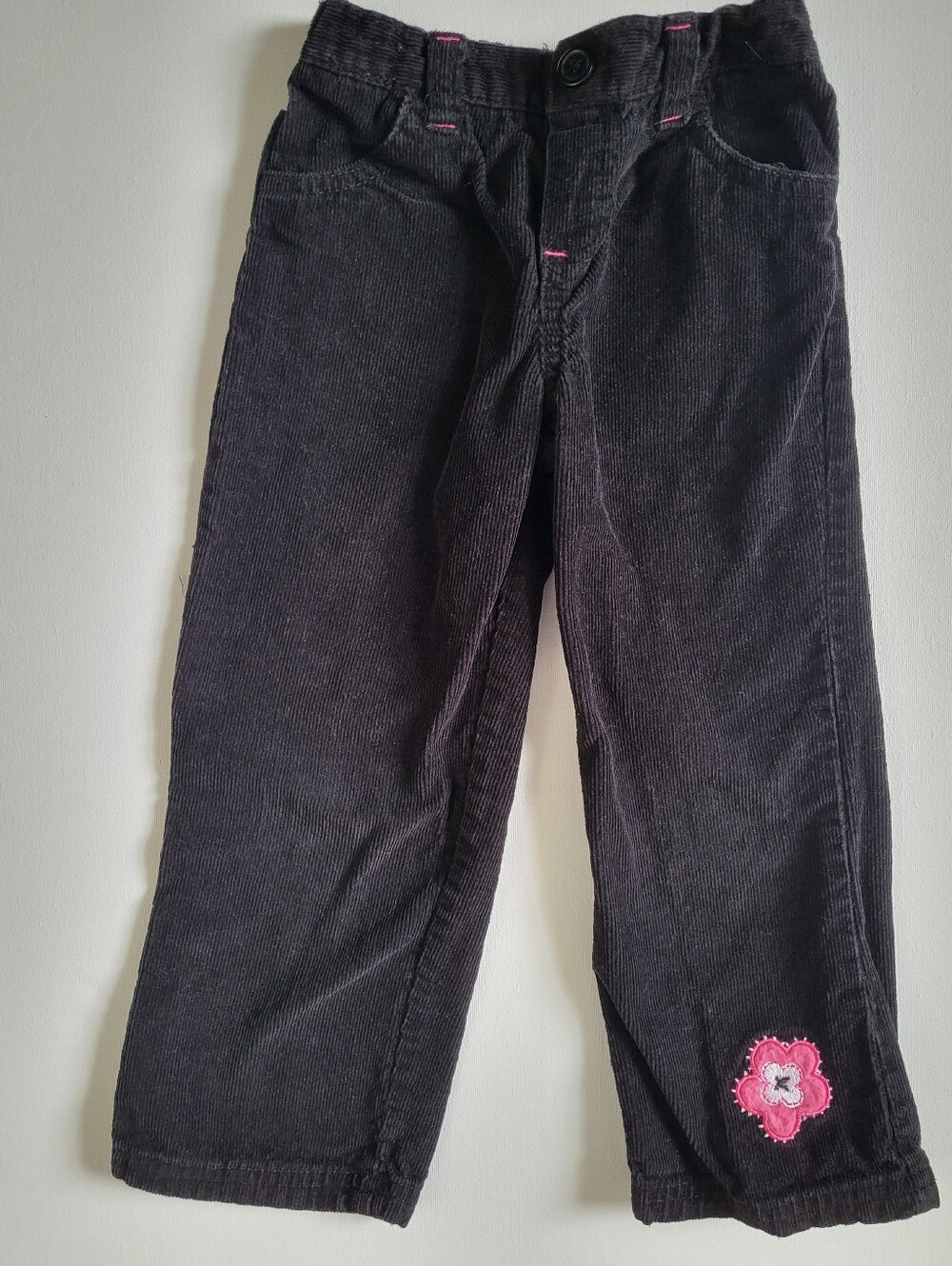 Girls' Black Corduroy Pants with Pink Flower Accent 4T